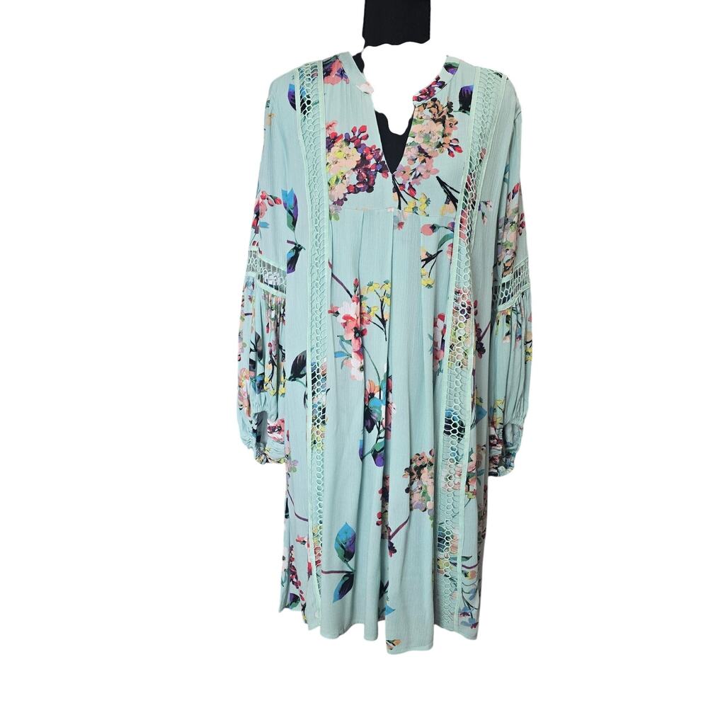 Davi & Dani Bohemian Seafoam Green Floral Tunic Mini Dress Sz M